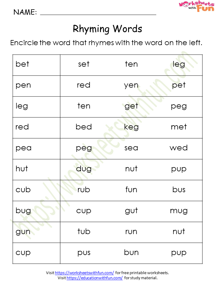 English General Preschool CVC Rhyming Words Worksheet 12